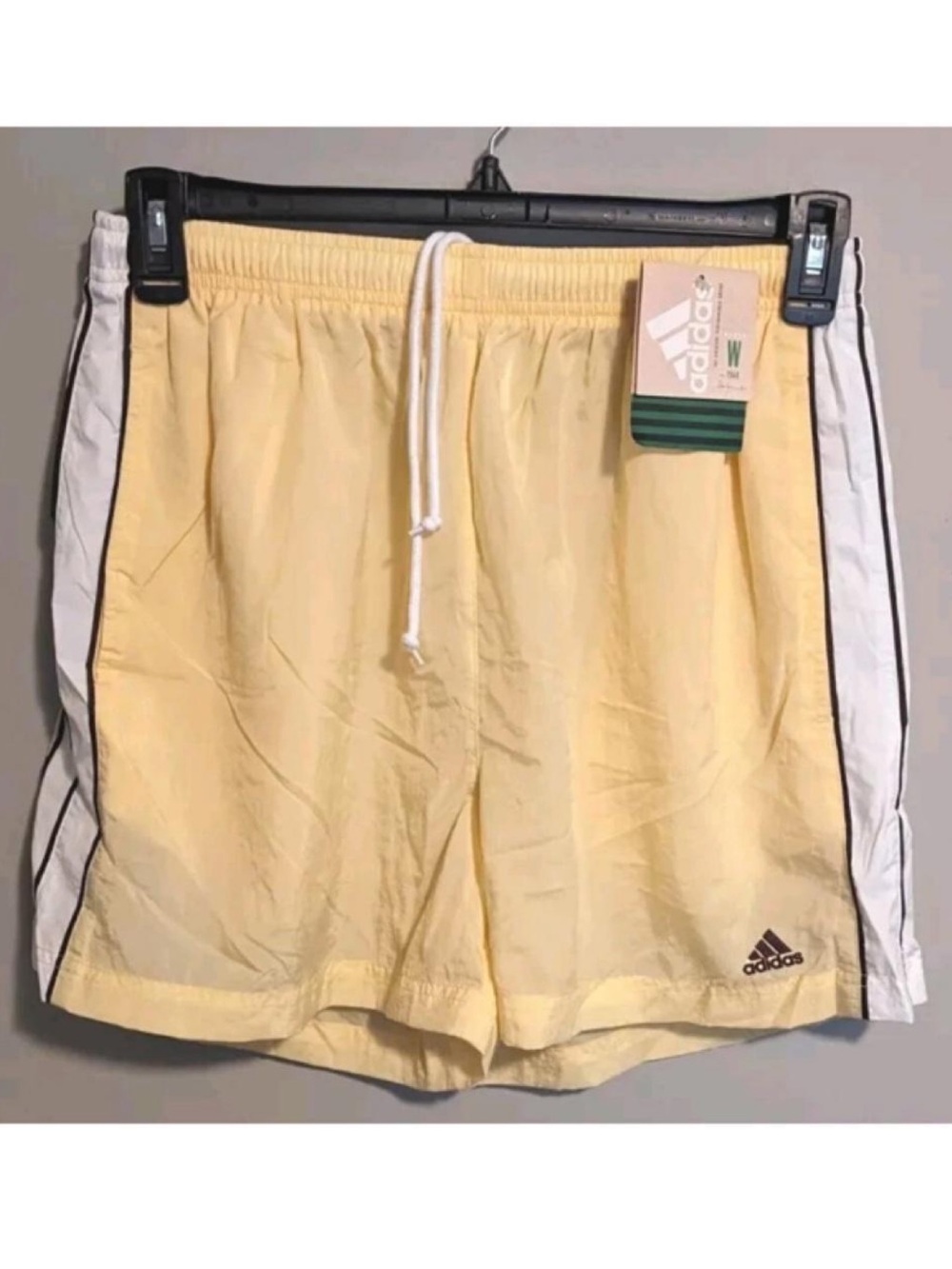 Adidas Vintage Athletic Shorts Pale Yellow White Side Stripe Brown Accents